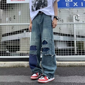 秋季破洞牛仔裤男宽松潮牌直筒大码长裤春秋款乞丐裤潮3002 P56图片