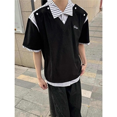 BN0216-P45假两件拼接设计感刺绣重磅polo领t恤宽松上衣短袖潮，男装T恤，电商C233