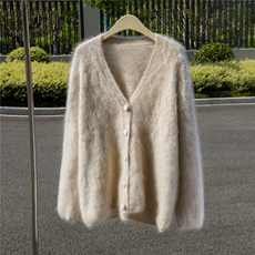 慵懒风皇室拉绒100%纯山羊绒衫女宽松针织开衫超软高级感长毛外套，女装羊绒衫，诚赞羊绒