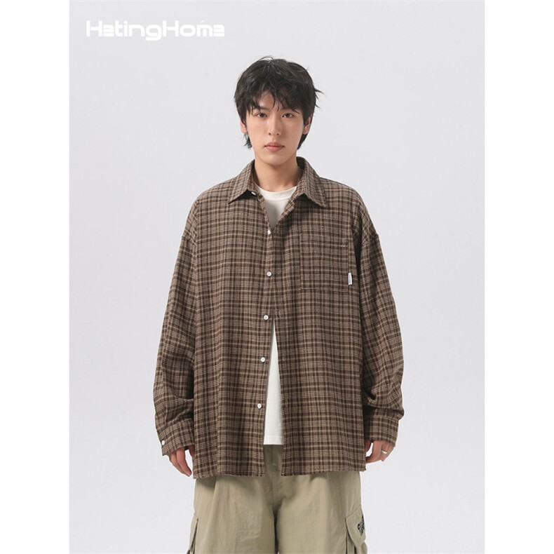 1506/QC150/P37美式复古衬衫男格子衬衣宽松休闲翻领情侣外套,男装衬衫,星座1506