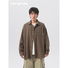 1506/QC150/P37美式复古衬衫男格子衬衣宽松休闲翻领情侣外套，男装衬衫，星座1506
