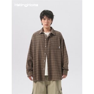 1506/QC150/P37美式复古衬衫男格子衬衣宽松休闲翻领情侣外套图片