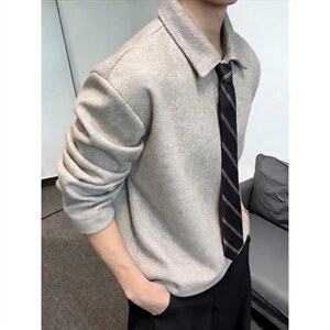 美式复古polo翻领卫衣男款春季老钱风领带长袖上衣宽松学院风外套图片