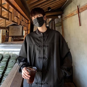 新中式小众立领盘扣设计衬衫男春秋季高级感唐装风衬衣外套潮图片
