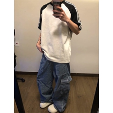 抖音得物品质二开240克宽松纯棉美式潮牌插肩三杠织带短袖T恤，男装T恤，电商A486
