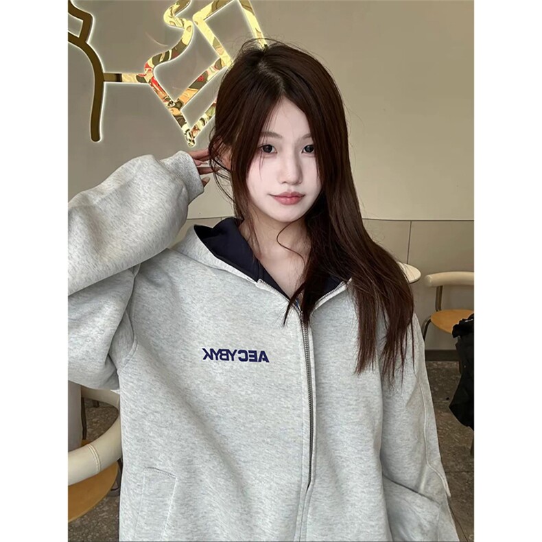 抖音得物高品质秋冬美式重磅宽松结构双面连帽印花卫衣外套AW6802,女装短外套,电商A443