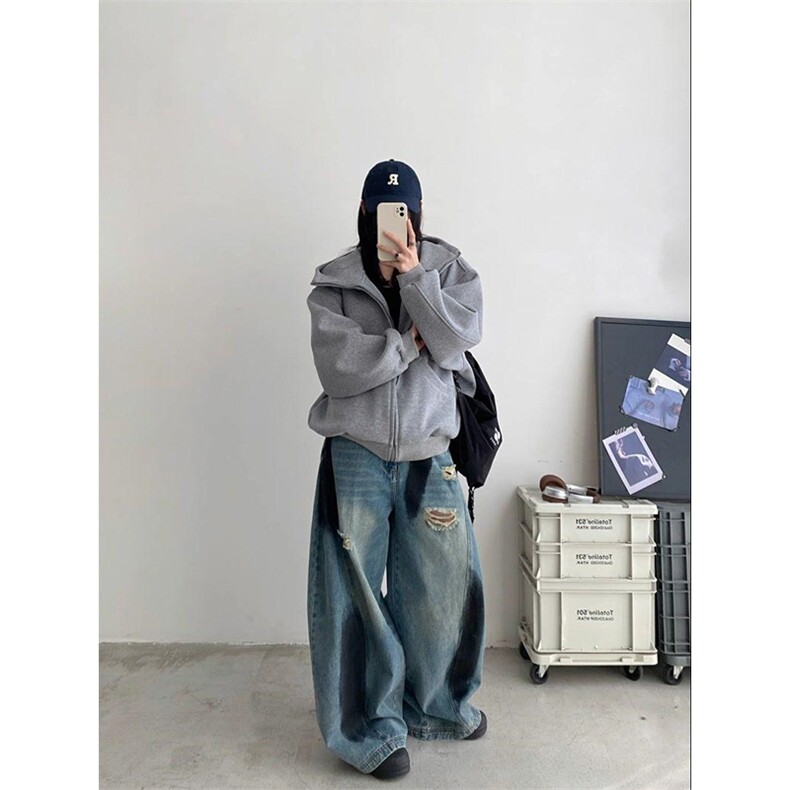 抖音得物高品质26春装美式高街重磅宽松结构高领连帽卫衣外套W60,女装短外套,电商A486-1