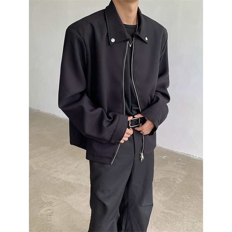 LY0757-P55网图黑色夹克潮牌秋冬新款美式复古纯色翻领外套上衣服图片