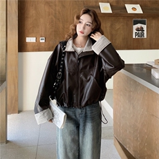 美式复古高级感条纹撞色PU皮衣外套女2025春秋季新款韩系显瘦夹克，女装皮衣，蝶眷