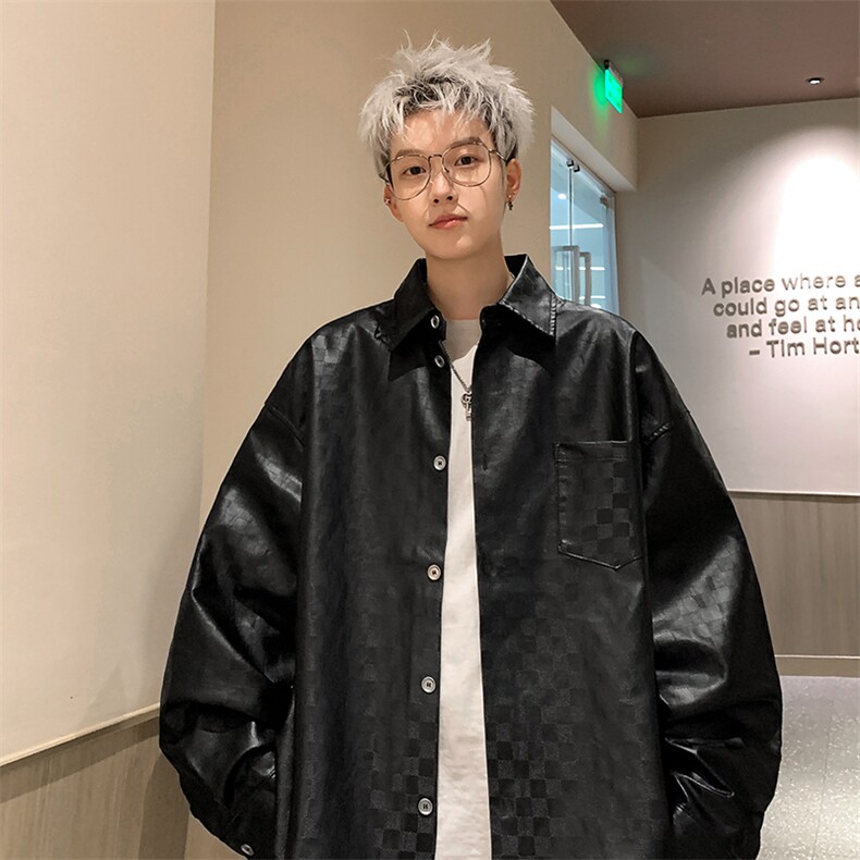 新款韩系潮流棋盘格皮衣休闲衬衣复古外套PC304-P75-控118,男装衬衫,星座310A-3