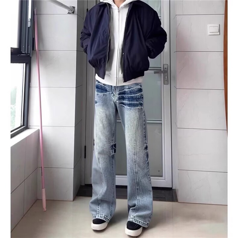 美式复古斜切牛仔裤男款秋冬季闪电纹加绒裤子高街vibe直筒微喇裤，男装牛仔裤，星座813-2