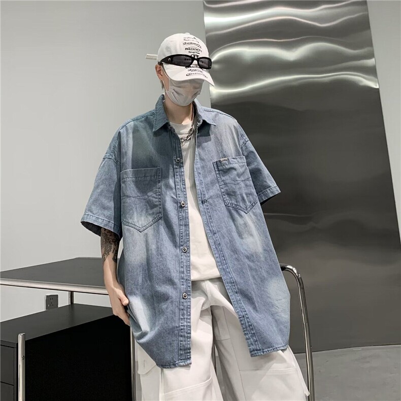 C531P47牛仔衬衫男夏季韩版潮流学院风短袖衬衣ins超火,男装衬衫,星座512-6