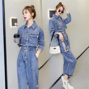 2021年春季新款牛仔连体长裤韩版高腰九分裤,女装休闲裤,秋水欣儿