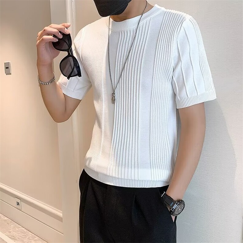 潮透气短袖毛衣男夏季简约百搭设计感坑条半袖圆领针织T恤,男装T恤,星座1013