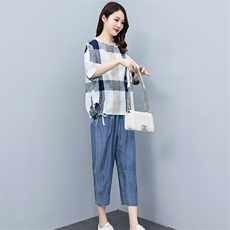 2023夏季棉麻格子时尚简约大方气质优雅休闲透气两件套，女装套装/套裙，独衣靓