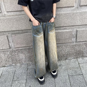 小众口袋设计废土做旧牛仔裤男休闲直筒复古宽松长裤夏N0677-P52图片