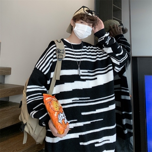 秋冬季条纹慵懒风绒衫圆领套头针织衫黑白宽松毛衣 M827-P35图片