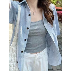 淡人系通勤穿搭衬衣女款2025新款超好看正肩蓝色条纹短袖衬衫，男装T恤，星座506A