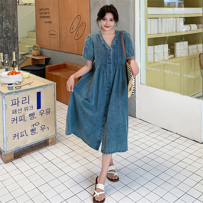 港风复古泡泡袖牛仔裙女夏季2025新款小众设计感盐甜系v领连衣裙,女装连衣裙,2C037