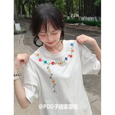 原创刺绣短袖碎骨花圈刺绣工艺潮男女情侣夏季宽松高级T恤，男装T恤，四季星座505