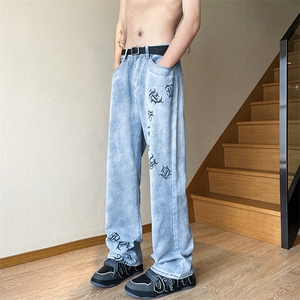 现货春夏美式微喇叭vibe梵文牛仔裤嘻哈宽松百搭休闲裤男K606-P35图片