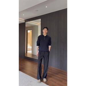 黑色直筒西裤垂感西装裤cleanfit韩版潮流微喇休闲裤K323-P40图片