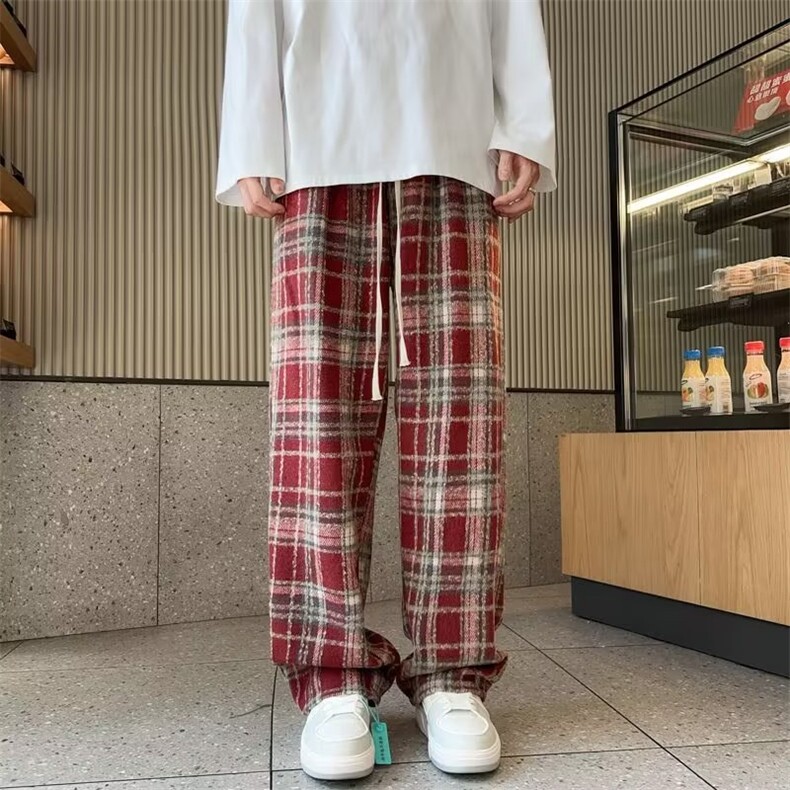 小香风复古毛呢格子裤男美式oversize潮牌直筒裤宽松阔腿情侣长裤,男装休闲裤,星座601-2