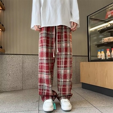 小香风复古毛呢格子裤男美式oversize潮牌直筒裤宽松阔腿情侣长裤，男装休闲裤，星座601-2