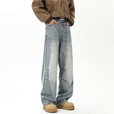 25美式复古褶皱做旧牛仔裤新款宽松百搭阔腿直筒裤子X14P55，男装牛仔裤，电商D256-2(原A064-2)