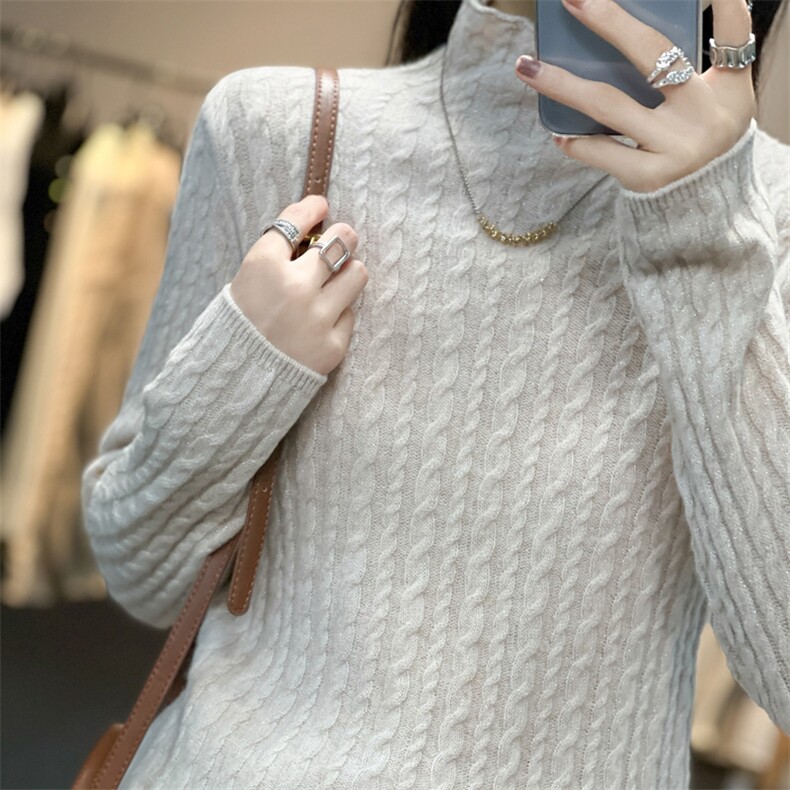 23新款复古麻花羊毛半高领套头毛衣女修身显瘦百搭气质内搭,女装羊毛衫,奢优羊绒