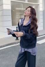 休闲运动穿搭连帽蓝色卫衣套装女秋季秋超火好看高级阔腿裤两件套，女装套装/套裙，2C117