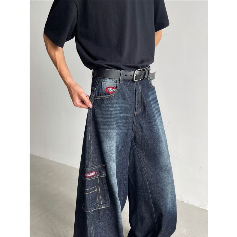 美式复古猫须水洗弯刀牛仔裤女潮牌宽松多口袋工装阔腿裤-D7846，男装牛仔裤，星座601-1
