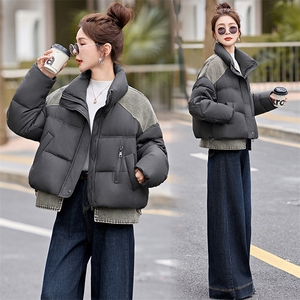 2025冬季新款韩系牛仔拼接短款泡芙羽绒服外套女冬季白鸭绒面包服图片