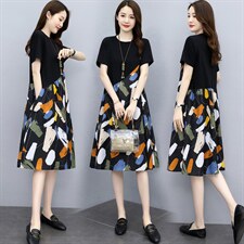 印花拼接棉麻连衣裙女夏季2025新款小个子宽松显瘦遮肚子短袖裙子，女装连衣裙，关键词