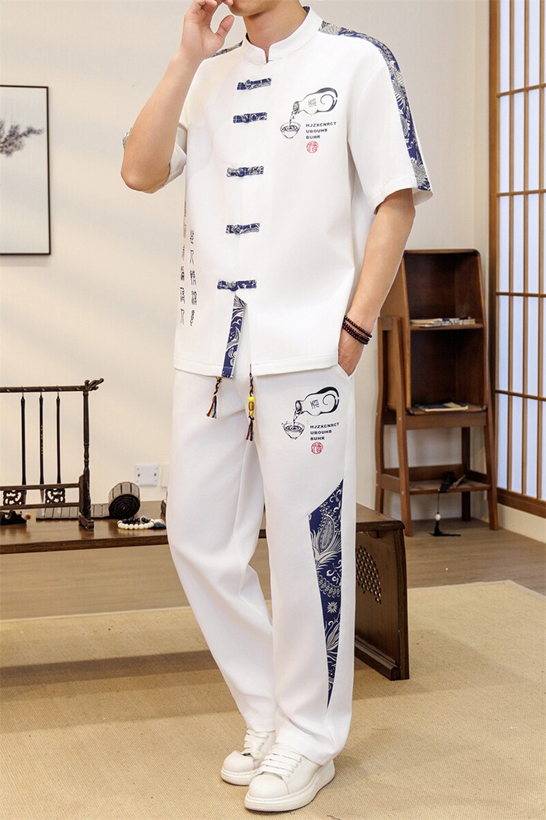 潮风套装男新中式短袖衬衫时尚休闲长裤两件套JZ305-P63,男装T恤,星座310B-3
