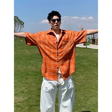 网图有货美式复古橙色格纹短袖衬衫男女A596-短袖P27长袖P30，男装T恤，星座1505
