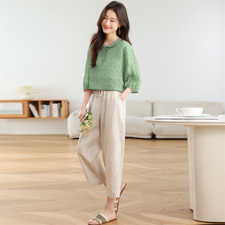 2025夏季苎麻时尚简约大方气质优雅刺绣休闲透气两件套，女装套装/套裙，独衣靓