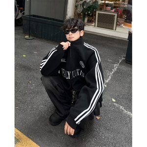 条纹立领运动卫衣开衫男女秋冬季宽松复古休闲外套上衣 WY8056图片
