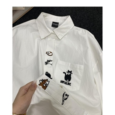 小猫刺绣长袖衬衫男女秋季学院风polo领百搭宽松衬衣CY1239-P35，男装衬衫，星座412-1