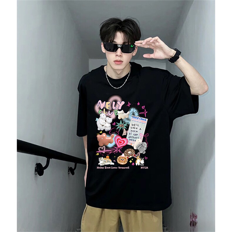 抖音得物供货210克现货宽松纯棉美式潮牌印花落肩袖纯棉T恤AT2143,男装T恤,电商A443