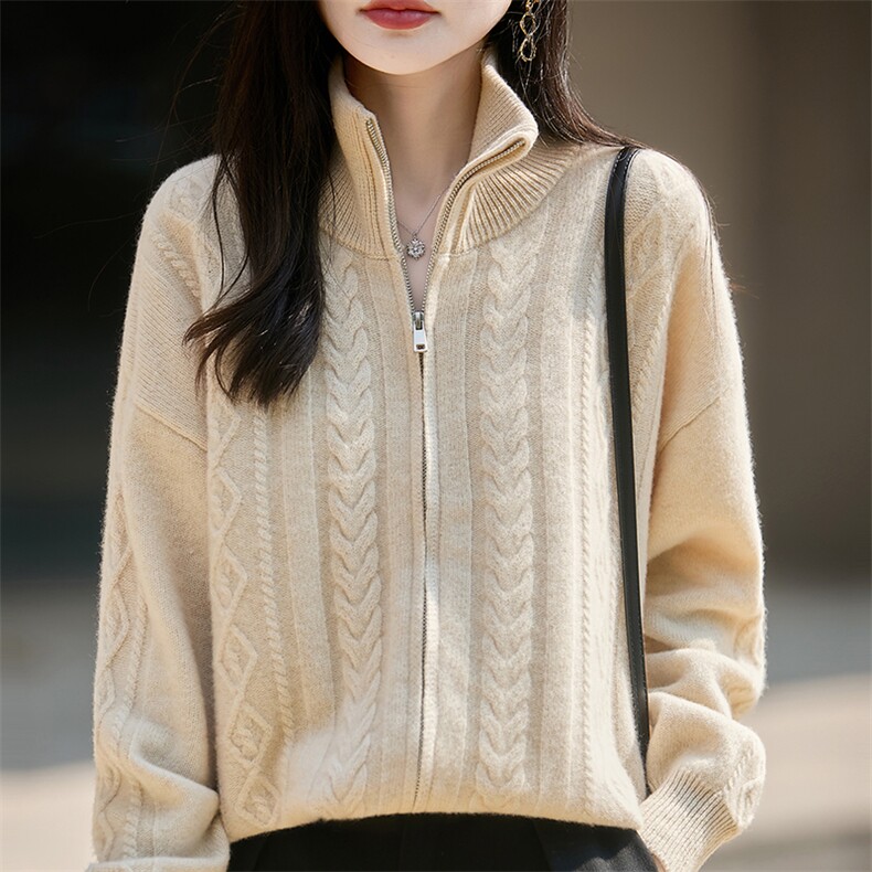 加厚立领复古100%纯羊毛开衫拉链毛衣外套女2025新麻花针织上衣，女装针织衫/毛衣，朝辰羊绒