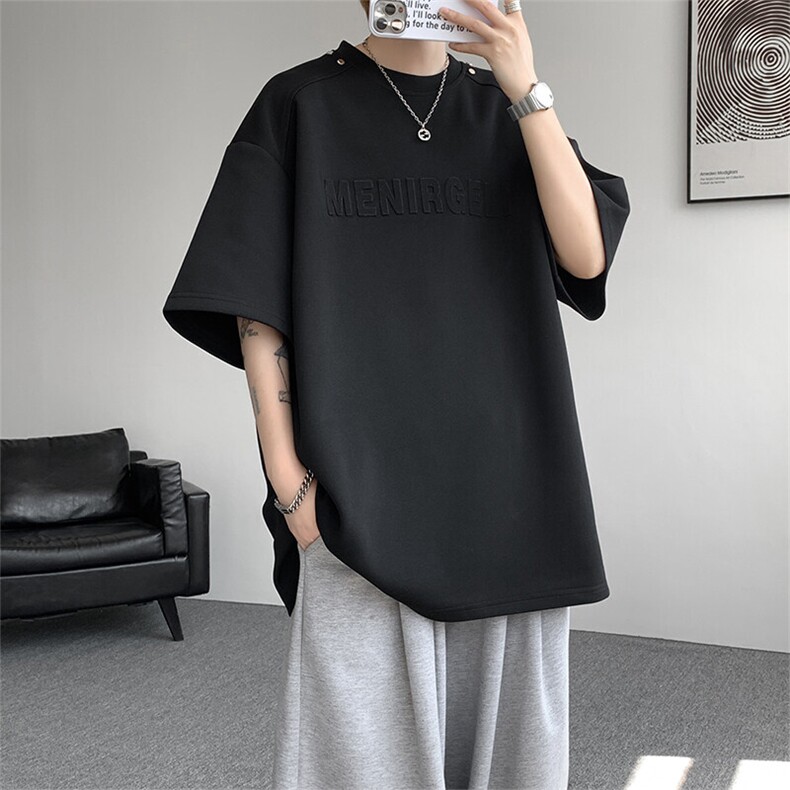 T300-P35控58260克夏季美式拼接凹凸印花短袖T恤男潮牌宽松,男装T恤,电商A058-1（原电商C417）