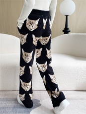 2024秋款小猫提花针织裤女宽松显瘦高腰直筒休闲裤，女装休闲裤，佳弈羊绒