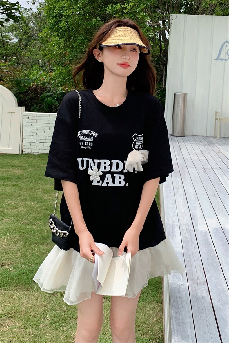 法式俏皮T恤撞色连衣裙女2025夏季新款韩版宽松显瘦网纱拼接短裙,女装连衣裙,灵力轩