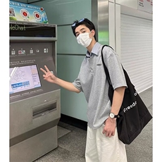 浅灰色假两件t恤男青少年潮牌条纹衬衫短袖polo衫小众设计感7分袖，男装T恤，星座506A