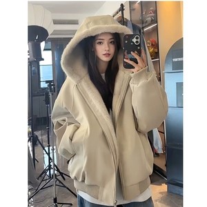 秋新款美式复古座山雕短款连帽毛领棉服女冬派克服棉衣外套图片