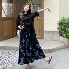 黑色衬衫连衣裙碎花阔腿裤套装女夏2025新款巨好看流行两件套爆款，女装套装/套裙，2C122