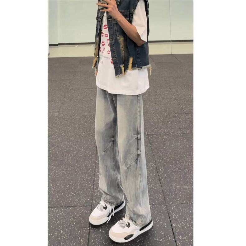 牛仔裤男春季美式高街小众设计感裤子高腰直筒微喇长裤L72833-p47,男装牛仔裤,星座1008