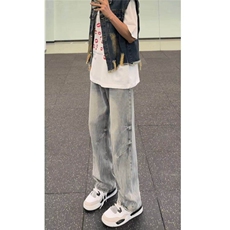 牛仔裤男春季美式高街小众设计感裤子高腰直筒微喇长裤L72833-p47，男装牛仔裤，星座1008