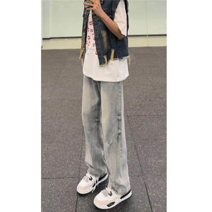 牛仔裤男春季美式高街小众设计感裤子高腰直筒微喇长裤L72833-p47